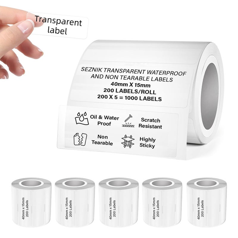SEZNIK Transparent, Waterproof, Non-Tearable, Sticky Thermal Lables, Label Roll, 2 inch Adhesive Thermal Labels (40mmx15mm - 1000 Lables) - Image 1
