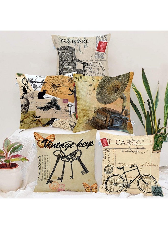 STITCHNEST Set of 5 Jute Cushion Covers - 18x18 Inches - Vintage Postcard & Retro Print Design - Artistic Cushion Covers for Sofa & Living Room Decor - Image 1