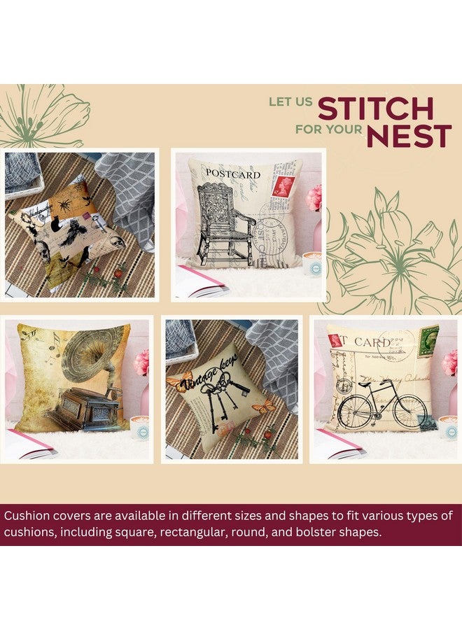 STITCHNEST Set of 5 Jute Cushion Covers - 18x18 Inches - Vintage Postcard & Retro Print Design - Artistic Cushion Covers for Sofa & Living Room Decor - Image 2