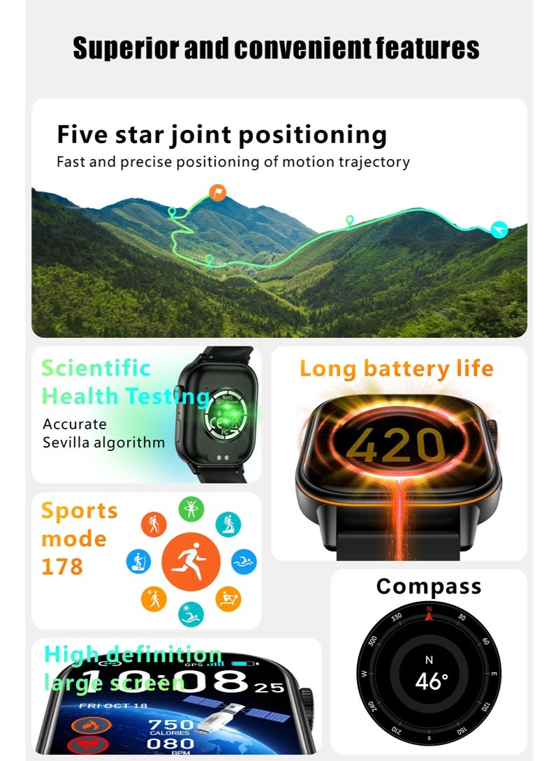 RollsTimi  Men's Watches Smartwatches Sports Watches Bluetooth Calling Voice Assistant Multiple Sports Modes Health Monitoring IP68 Waterproof QX17 Black - Image 2