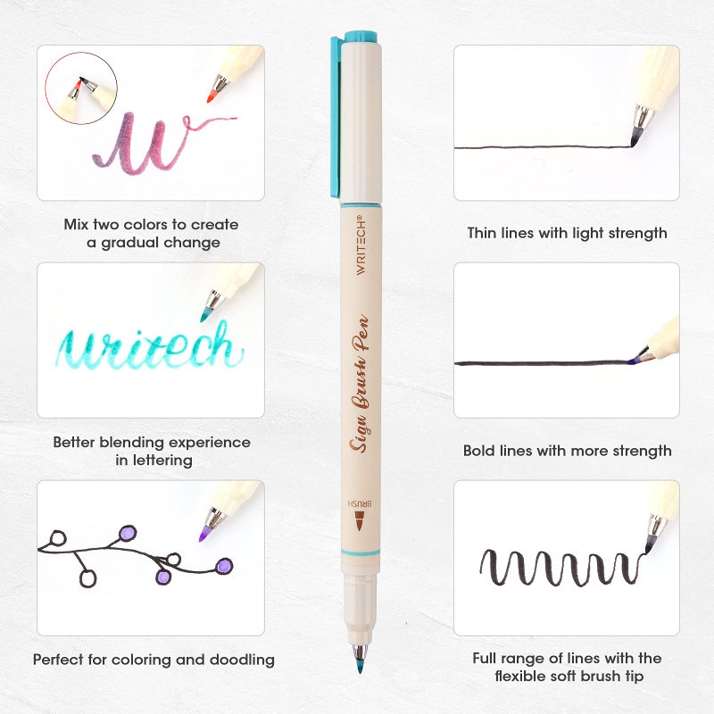 WRITECH Arts Sign Brush Pen Brush Tip Marker Felt Tip Water Based Ink Color Pens 12 Assorted Pastel Colors Great for Lettering, Journaling, Calligraphy (Natural) - Image 3