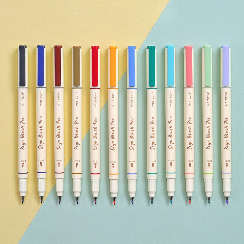 WRITECH Arts Sign Brush Pen Brush Tip Marker Felt Tip Water Based Ink Color Pens 12 Assorted Pastel Colors Great for Lettering, Journaling, Calligraphy (Natural) - Image 1