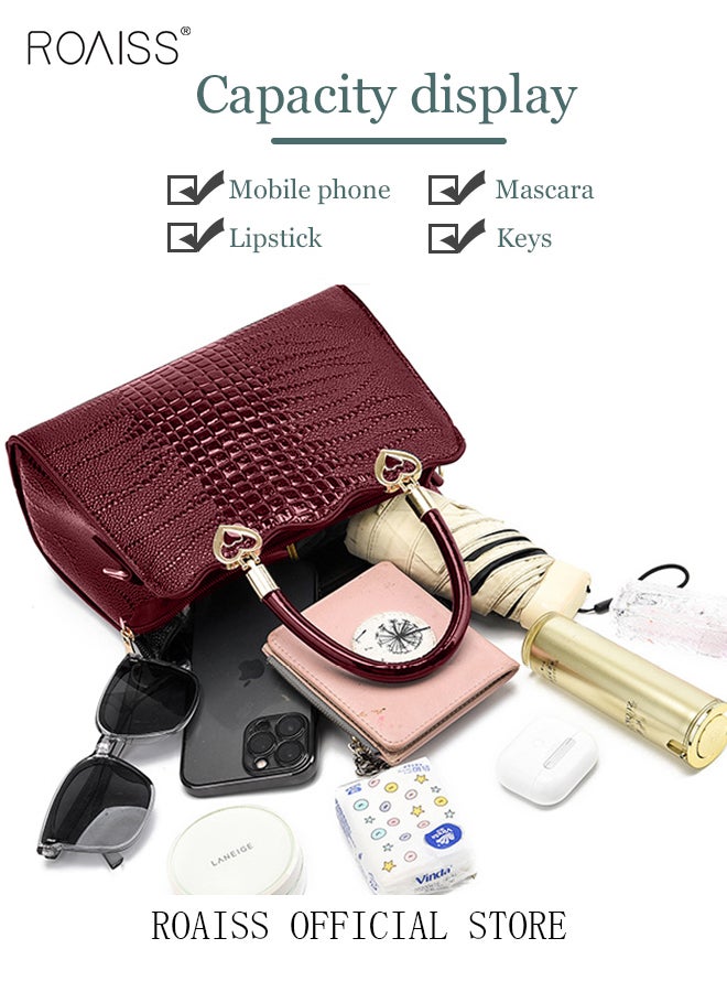 رويس حقيبة كتف نسائية، حقيبة كروس بودي أنيقة من جلد PU ناعم بسحاب، مساحة كبيرة متعددة الأجزاء مع بطانة فاخرة، حقيبة يد، حقيبة كروس بودي مزينة بنقشة حجرية، حمراء - Image 5