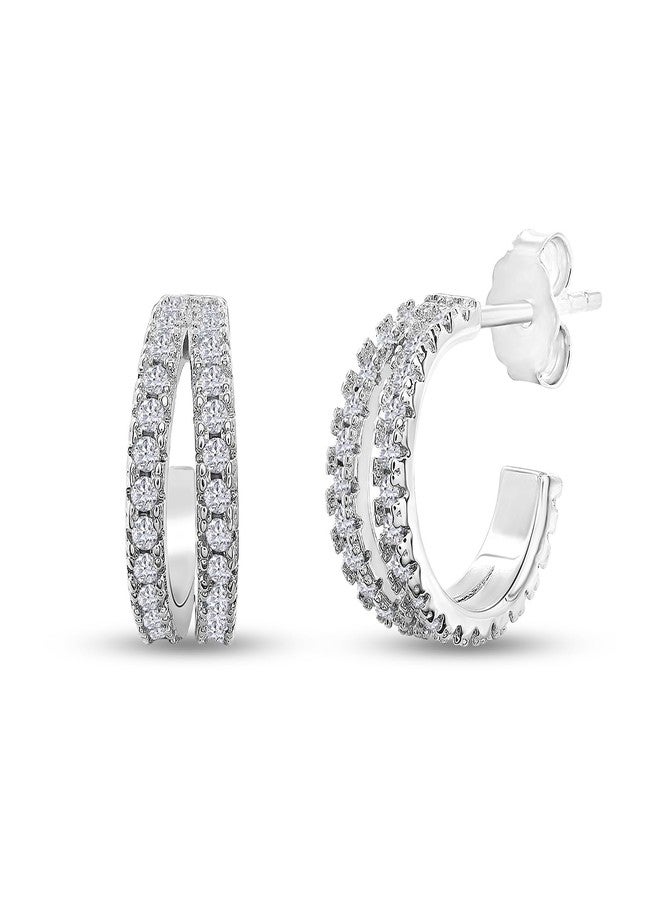SAVEARTH DIAMONDS 18k White Gold Plated Split Huggie Hoop Earrings, 0.75 Carat (ctw) Moissanite Hoop Earrings for Women | Jewelry Gifts For Her (3/4 Ctw) - Image 1