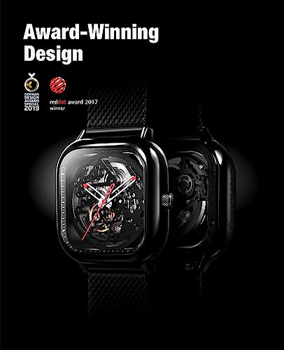 CIGA Design ساعة أوتوماتيكية للرجال من CIGA Design، سلسلة C، هيكل عظام كامل ميكانيكي، ساعة يد تناظرية مع حزام ميلانيزي وحزام جلد، زجاج كريستالي ياقوتي (أسود) - Image 2