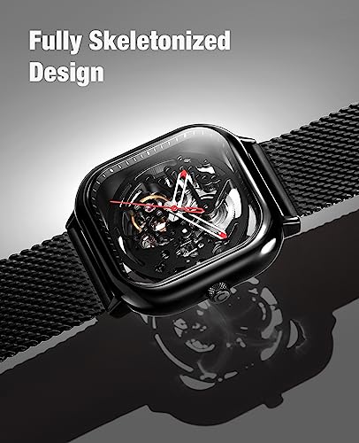 CIGA Design ساعة أوتوماتيكية للرجال من CIGA Design، سلسلة C، هيكل عظام كامل ميكانيكي، ساعة يد تناظرية مع حزام ميلانيزي وحزام جلد، زجاج كريستالي ياقوتي (أسود) - Image 3