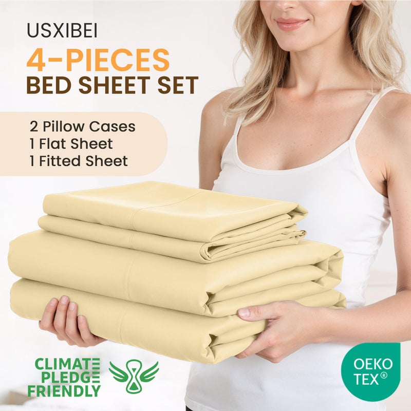 USXIBEI Queen Size 4 Piece Sheet Set - Comfy Breathable & Cooling Bed Sheets Set, Soft and Wrinkle Free, Deep Pockets, Easy & Secure Fit, Hotel Luxury Bedding for Women, Men - Oeko-Tex - Beige - Image 2