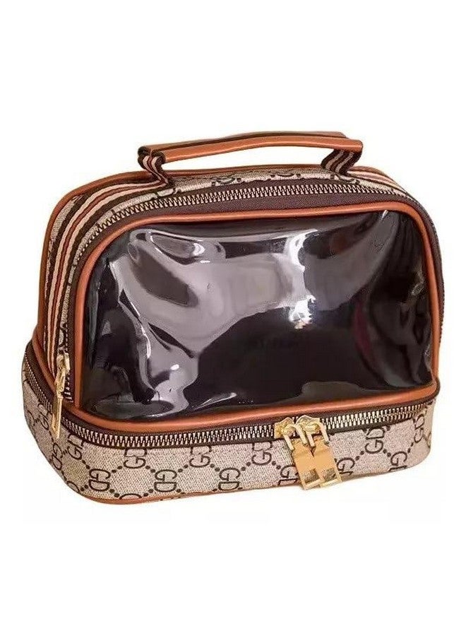 Shrux Cosmetic Makeup Bag with Zipper, PU Leather Large Clear Makeup Bag Double Layer Cosmetic and Accessories Holder Premium Hand Bag | Travel Essentials Organizers Toiletry Bag for Women & Girls - Image 1