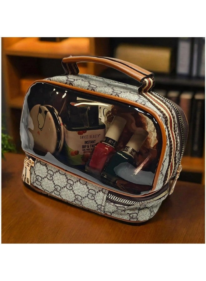 Shrux Cosmetic Makeup Bag with Zipper, PU Leather Large Clear Makeup Bag Double Layer Cosmetic and Accessories Holder Premium Hand Bag | Travel Essentials Organizers Toiletry Bag for Women & Girls - Image 4