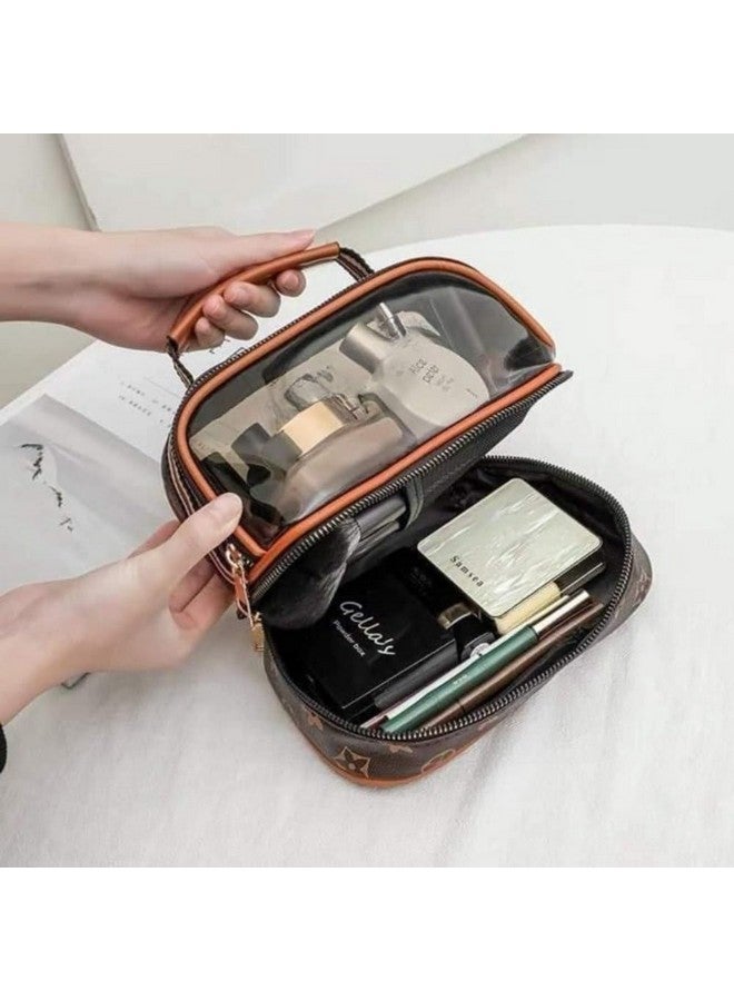 Shrux Cosmetic Makeup Bag with Zipper, PU Leather Large Clear Makeup Bag Double Layer Cosmetic and Accessories Holder Premium Hand Bag | Travel Essentials Organizers Toiletry Bag for Women & Girls - Image 2