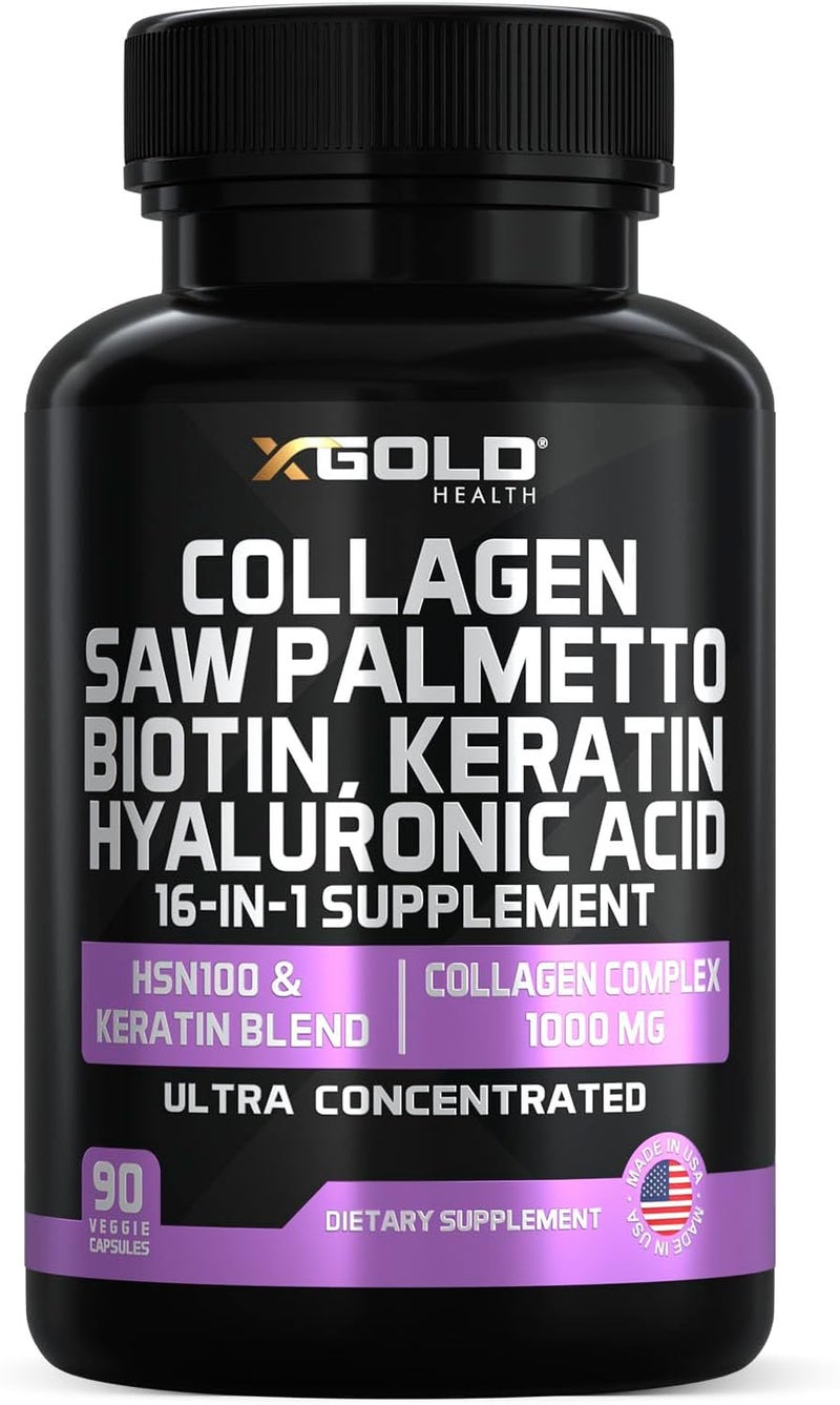 X Gold Health HSN100  Collagen Saw Palmetto Biotin Keratin  Hyaluronic Acid  16in1 Beauty Supplement with Vitamin C  E Collagen Complex  Keratin Blend  Hair Skin  Nail Growth  90 Capsules - Image 1