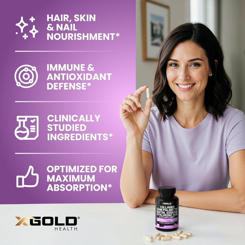 X Gold Health HSN100  Collagen Saw Palmetto Biotin Keratin  Hyaluronic Acid  16in1 Beauty Supplement with Vitamin C  E Collagen Complex  Keratin Blend  Hair Skin  Nail Growth  90 Capsules - Image 4