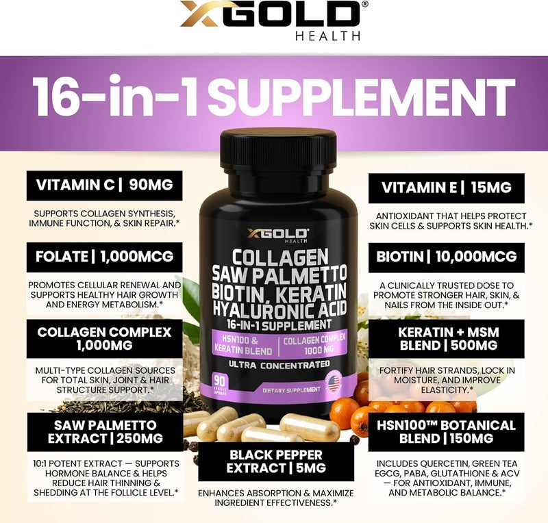 X Gold Health HSN100  Collagen Saw Palmetto Biotin Keratin  Hyaluronic Acid  16in1 Beauty Supplement with Vitamin C  E Collagen Complex  Keratin Blend  Hair Skin  Nail Growth  90 Capsules - Image 3