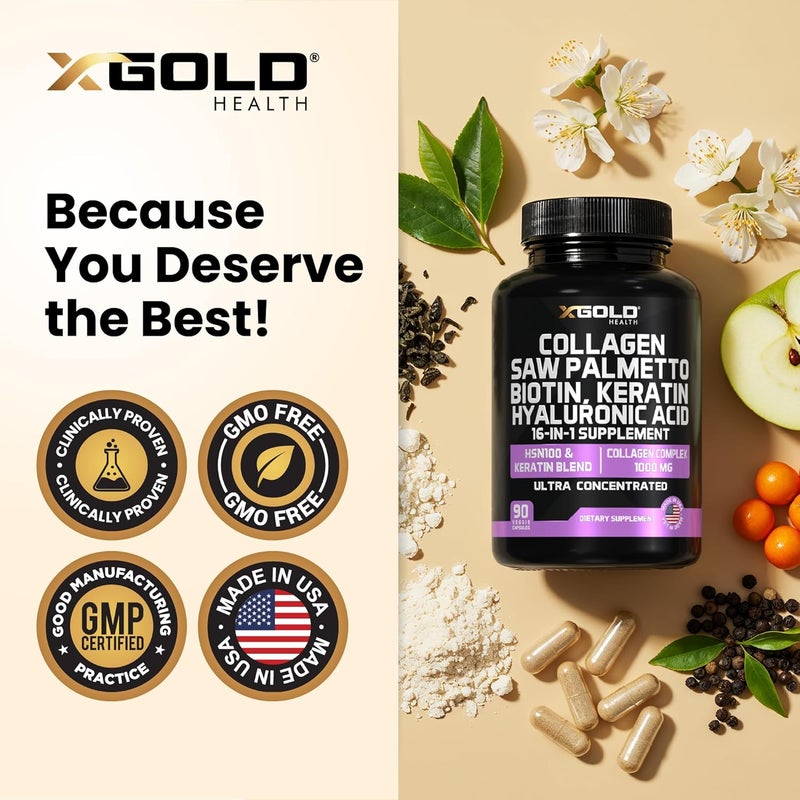 X Gold Health HSN100  Collagen Saw Palmetto Biotin Keratin  Hyaluronic Acid  16in1 Beauty Supplement with Vitamin C  E Collagen Complex  Keratin Blend  Hair Skin  Nail Growth  90 Capsules - Image 5