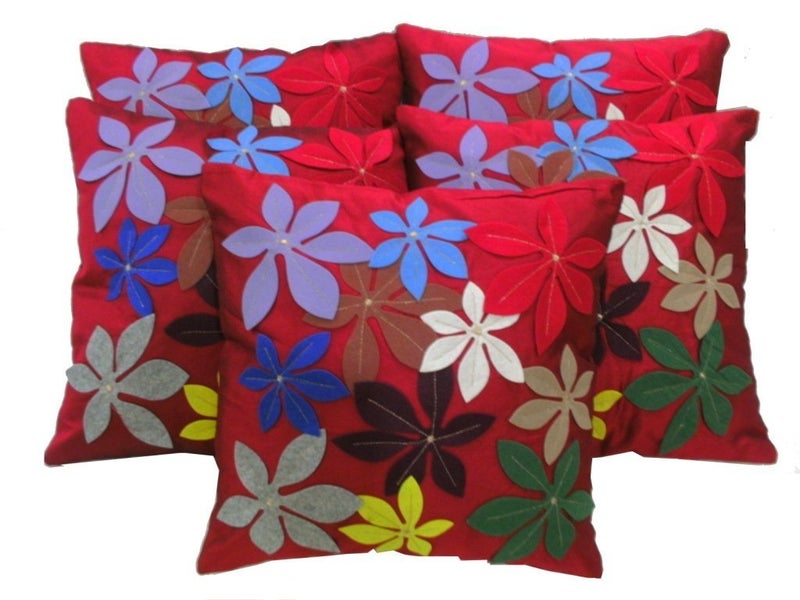 Belive-Me Red Maroon Multiflower Patched Floral Cushion Covers Set of 5 Pieces (12 x12 inch / 30 x 30cm, Multicolour) - Image 1