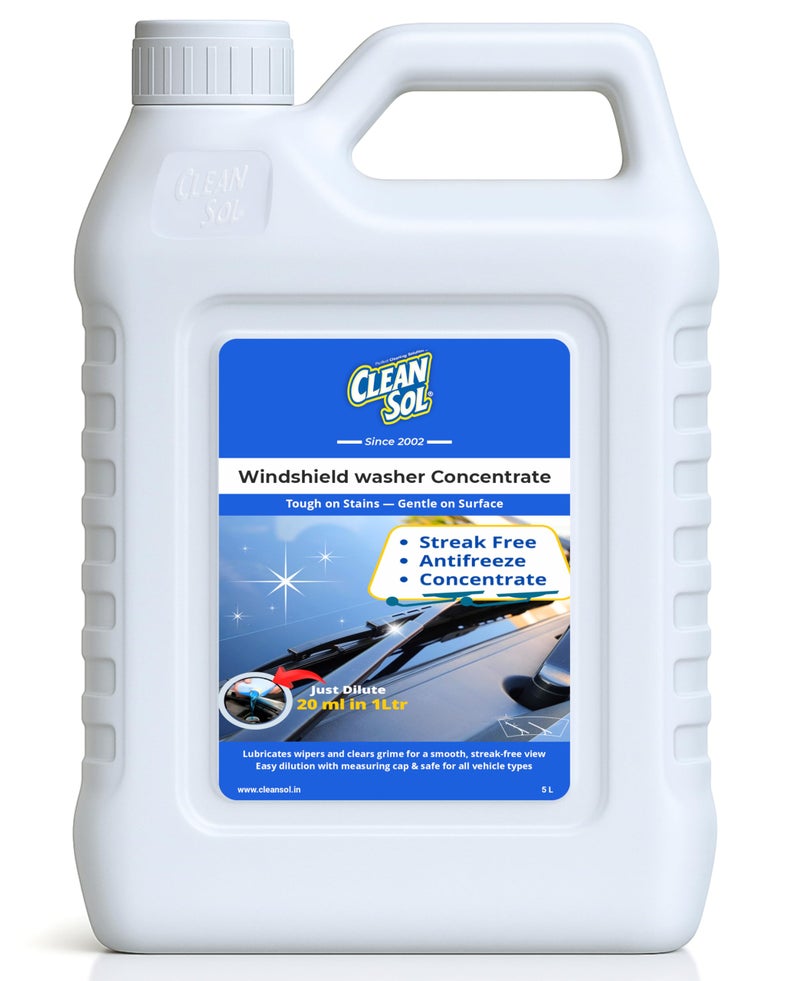 Cleansol Premium Windshield Washer Fluid Concentrate - 5 Litre | Car Windshield Washer Cleaner Liquid - 20mL Makes 1L | Anti-Freeze Formula | Streak-Free Shine | Includes Measuring Cap - Image 1