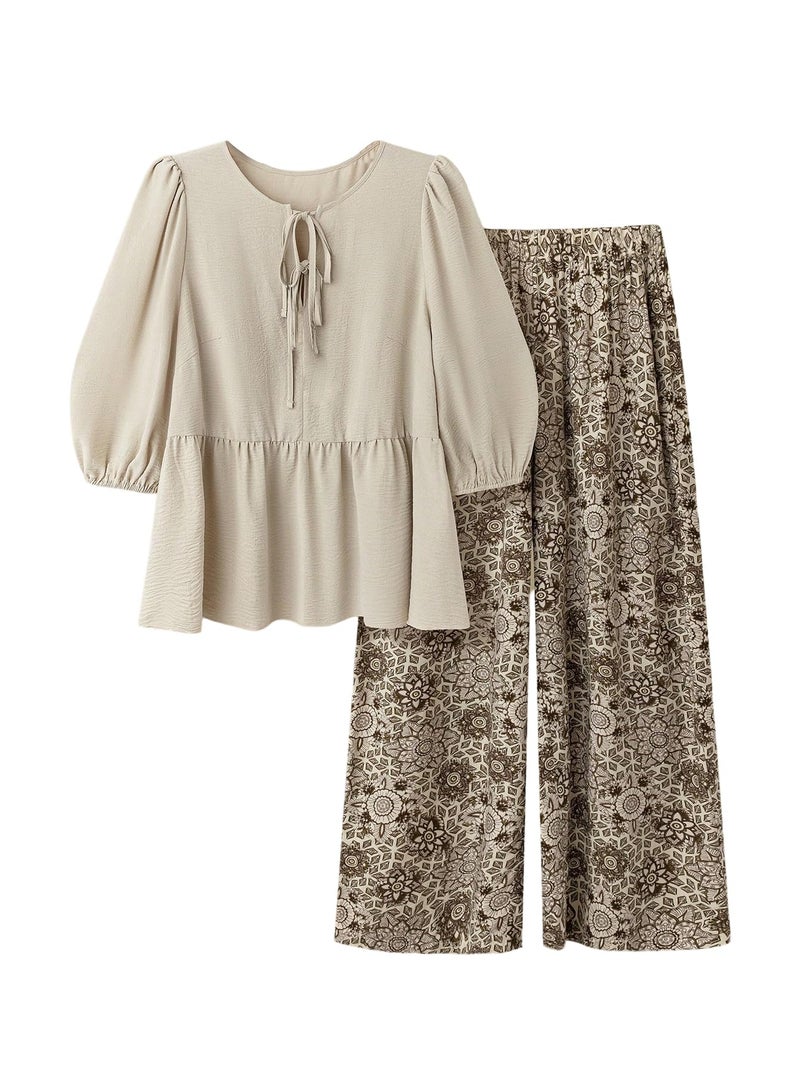 SHENHE Women's Plus Size 2 Piece Outfits Lantern Sleeve Peplum Blouse Babydoll Top Wide Leg Pants Set Khaki X-Large Plus - Image 1