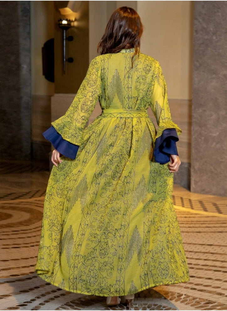Loquat Ladies Embroidered Robe Long Dress Set Open Front Outer Robe+Inner Skirt+Belt Muslim Abaya Lemon Yellow  - Image 3