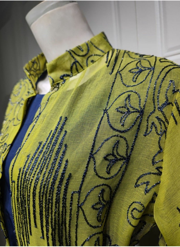 Loquat Ladies Embroidered Robe Long Dress Set Open Front Outer Robe+Inner Skirt+Belt Muslim Abaya Lemon Yellow  - Image 4