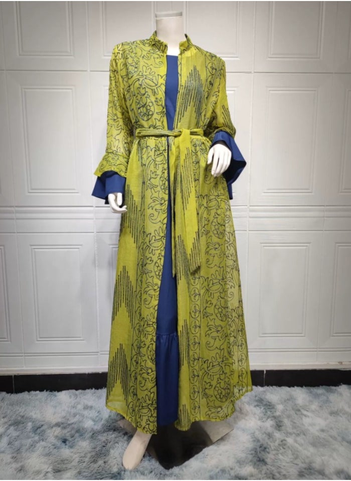 Loquat Ladies Embroidered Robe Long Dress Set Open Front Outer Robe+Inner Skirt+Belt Muslim Abaya Lemon Yellow  - Image 2