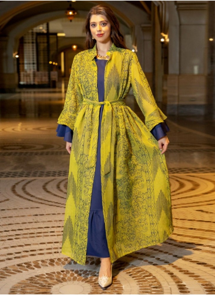Loquat Ladies Embroidered Robe Long Dress Set Open Front Outer Robe+Inner Skirt+Belt Muslim Abaya Lemon Yellow  - Image 1