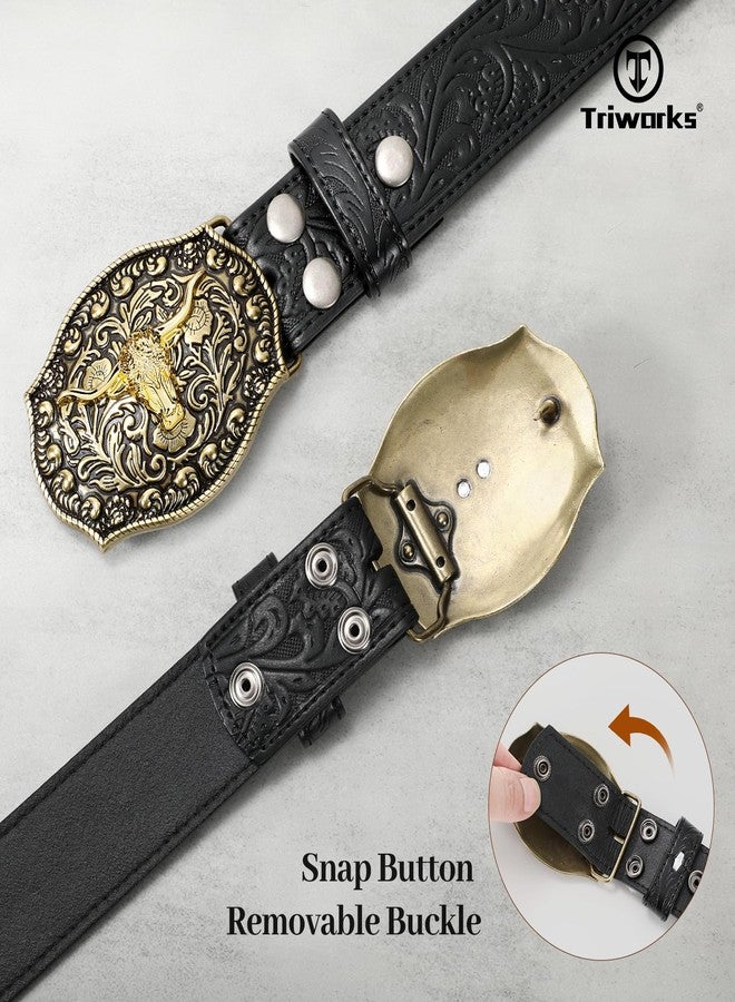 TRIWORKS Mens Western Cowboy Belt - Cowgirl Western Country Belt with Floral Engraved Buckle - Image 5