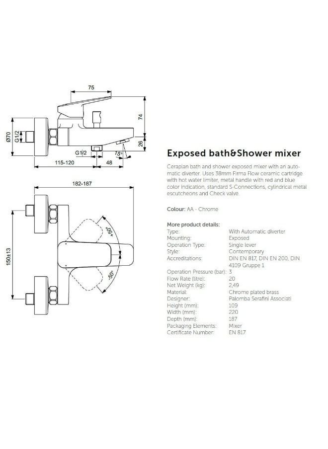 DANUBE HOME Ideal Standard - Ceraflan Exposed Bath & Shower Mixer - Chrome Wall Mounted Rain Shower System Solid Brass Bathroom Faucet Modern Lavatory, Vanity Tap Water Mixing Valve - (22X18.7X10.9) Cm  - Image 2