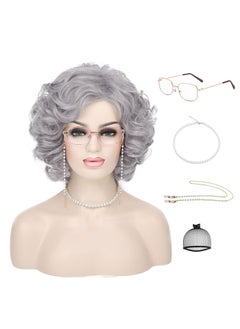 G&T Wig GT Wig Old Lady Wig for Grandma Costume 100 Days of School Sliver Grey Curly Granny Wig For Old Womens Cosplay Party Halloween Use 5pcs Set 