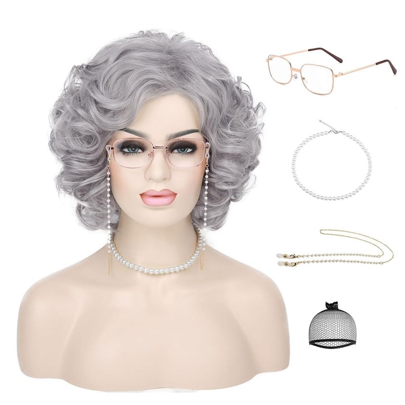 G&T Wig GT Wig Old Lady Wig for Grandma Costume 100 Days of School Sliver Grey Curly Granny Wig For Old Womens Cosplay Party Halloween Use 5pcs Set