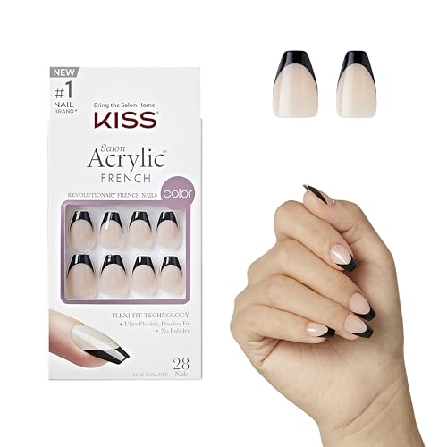 KISS Salon Acrylic, Press On Nails, Nail glue included, 'Flame', Dark Black, Short Size, Coffin Shape, Includes 28 Nails, 2g glue, 1 Manicure Stick, 1 Mini File - Image 1