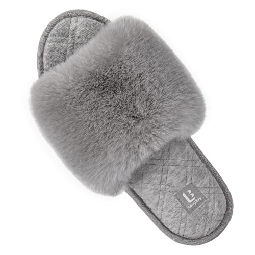 LongBay Women's Open Toe Slippers Fuzzy Fluffy Memory Foam Comfy Slip On Indoor Bedroom Home Slide (X-Large /11-12, Gray) - Image 1