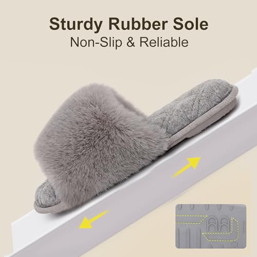 LongBay Women's Open Toe Slippers Fuzzy Fluffy Memory Foam Comfy Slip On Indoor Bedroom Home Slide (X-Large /11-12, Gray) - Image 5