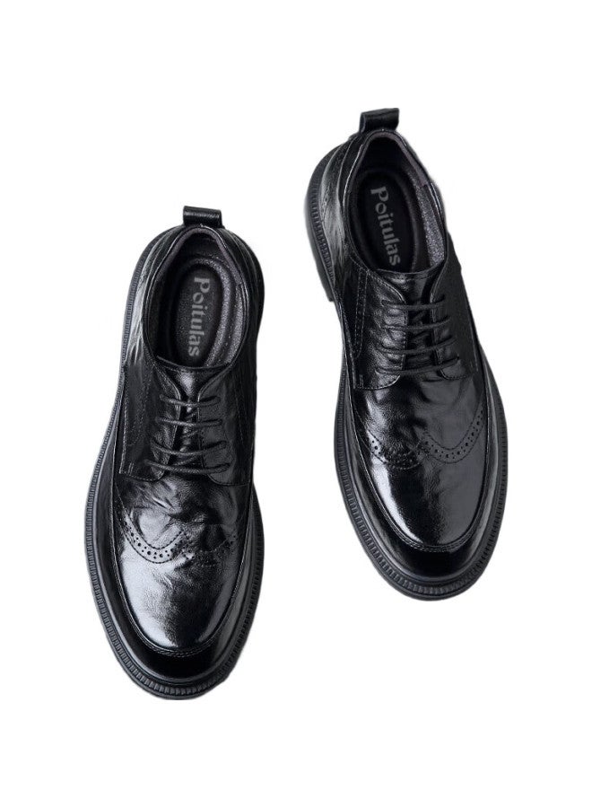 Poitulas Leather Shoes, Men'S Low-Top Lace-Up, Hand-Scratched Texture, Business Casual Shoes, British Brogue Wedding Shoes, 2996, Black, Size 43 - Image 3