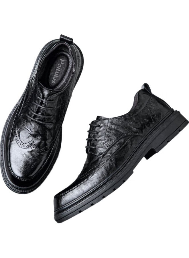 Poitulas Leather Shoes, Men'S Low-Top Lace-Up, Hand-Scratched Texture, Business Casual Shoes, British Brogue Wedding Shoes, 2996, Black, Size 43 - Image 1