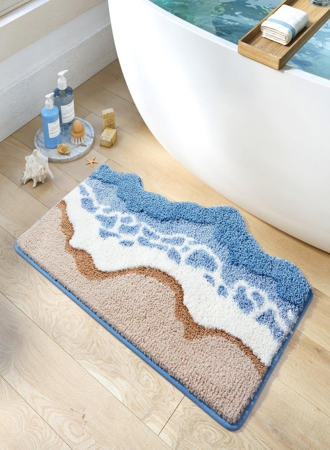 WREWING Luxury Bathroom Rug Mat, Blue Ocean Wave Bath Mat & Ultra Soft Non-Slip Beach Sand Bathroom Rug, Super Absorbent Shaggy Microfiber Carpet, Quick Dry Bathroom Mat for Bathtub Bedroom 20x31 Inch (Blue) - Image 1