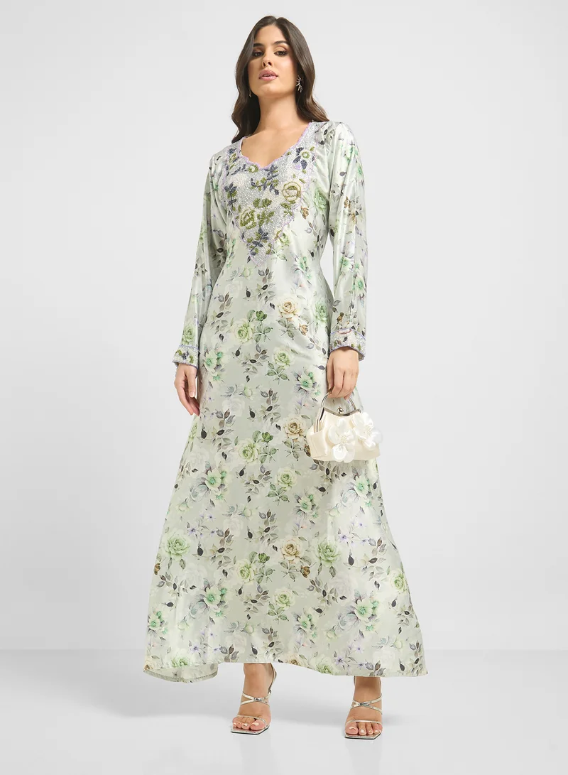 ARABIAN CLOSET Embellished Belted Jalabiya