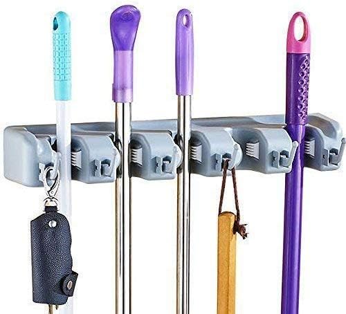 GETZET Wall Mounted Hanger Broomstick Brush Organizer 4 Positions Broom Stand and Mop Holder Stand with 5 Hooks Bathroom Kitchen and Garage Use Multi Color - Image 1