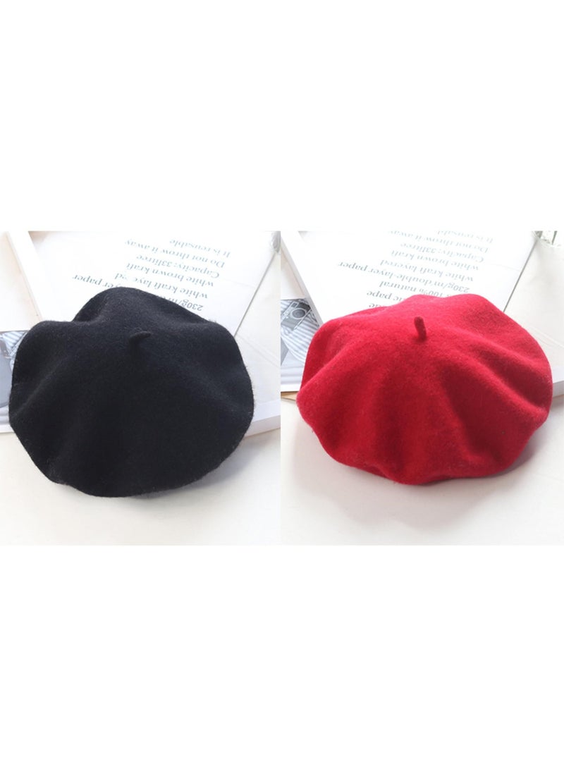 Classic Wool Blend Beret Hat, 2 Pack French Style, Black & Red, 56-58cm, for Men Women - Image 3