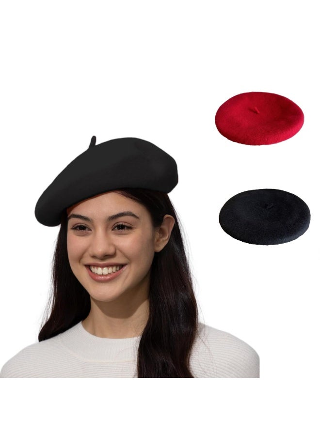 Classic Wool Blend Beret Hat, 2 Pack French Style, Black & Red, 56-58cm, for Men Women - Image 1