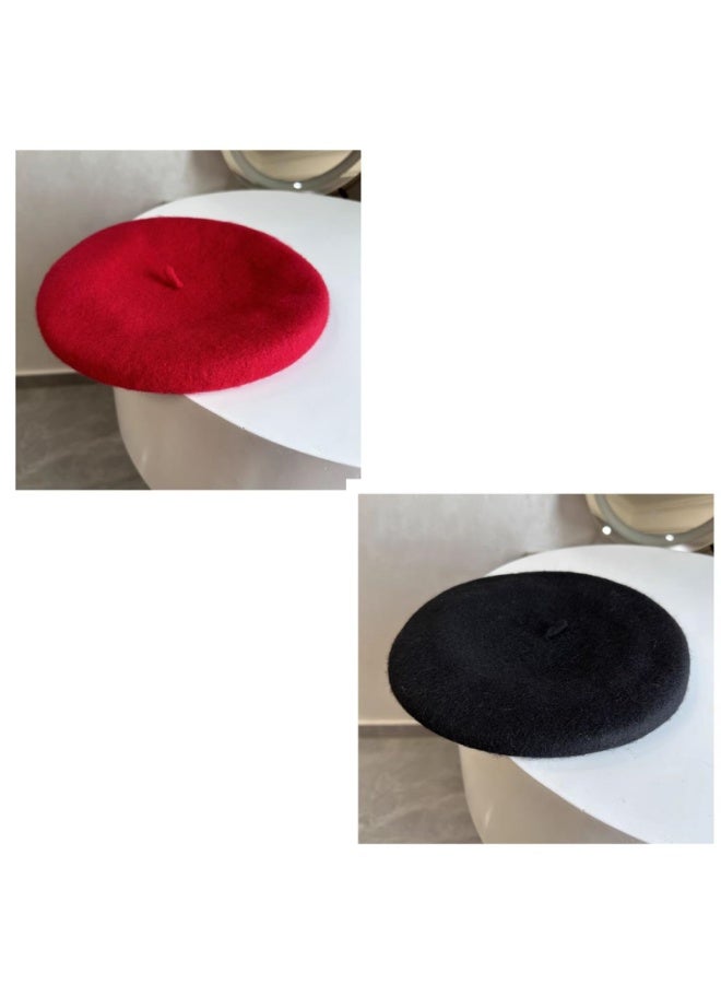 Classic Wool Blend Beret Hat, 2 Pack French Style, Black & Red, 56-58cm, for Men Women - Image 2