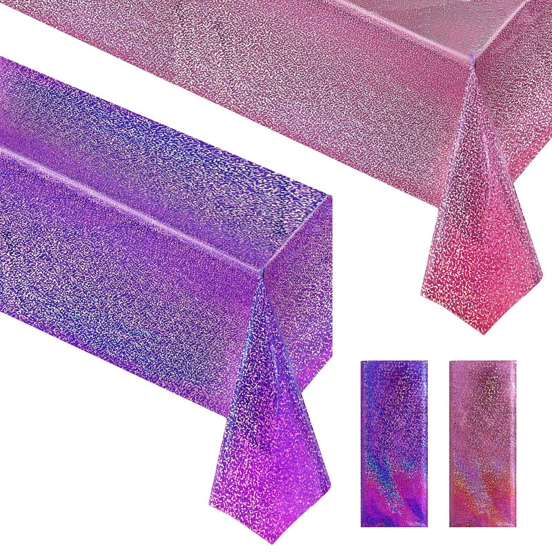 Just Shimmer 2 Pcs Pink&Purple Holographic Party Tablecloths 40"" X 108"" Laser Sparkly Table Cloths Iridescence Foil Glitter Table Cover For Halloween Wedding Anniversary Baby Shower Birthday Party Supplies - Image 1