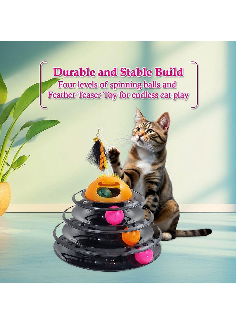 MAJIBAO - Cat track toy with a Four-layer track toy, Built-in Playing Balls, Feather teaser with bells and Self-grooming brush, 29 cm Interactive track tower for Indoor cats, Detachable & easy to setup (Black) - Image 1