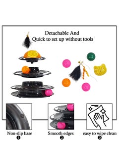MAJIBAO Cat track toy with a Four-layer track toy, Built-in Playing Balls, Feather teaser with bells and Self-grooming brush, 29 cm Interactive track tower for Indoor cats, Detachable & easy to setup (Black)  - Image 3