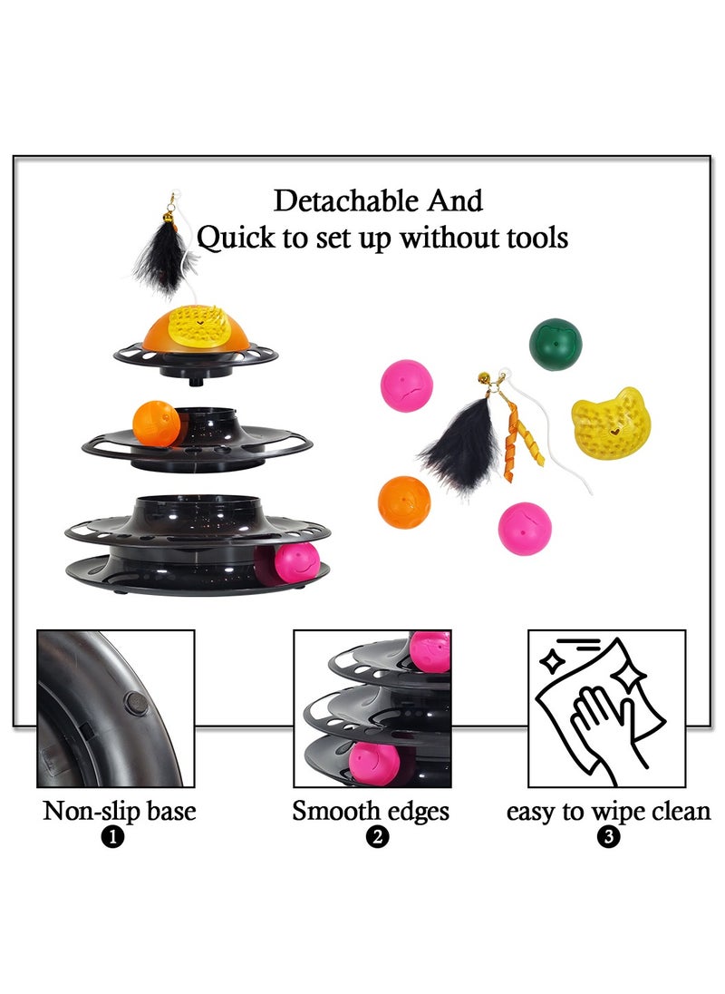 MAJIBAO - Cat track toy with a Four-layer track toy, Built-in Playing Balls, Feather teaser with bells and Self-grooming brush, 29 cm Interactive track tower for Indoor cats, Detachable & easy to setup (Black) - Image 1