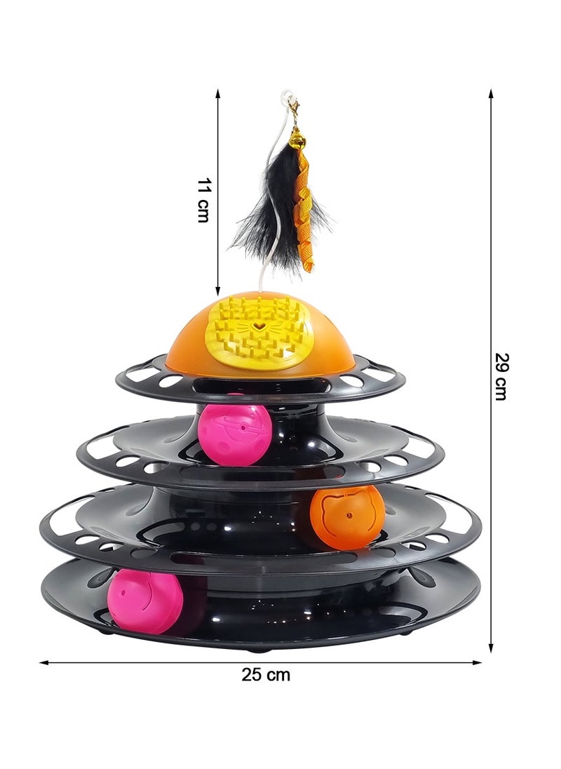 MAJIBAO - Cat track toy with a Four-layer track toy, Built-in Playing Balls, Feather teaser with bells and Self-grooming brush, 29 cm Interactive track tower for Indoor cats, Detachable & easy to setup (Black) - Image 1