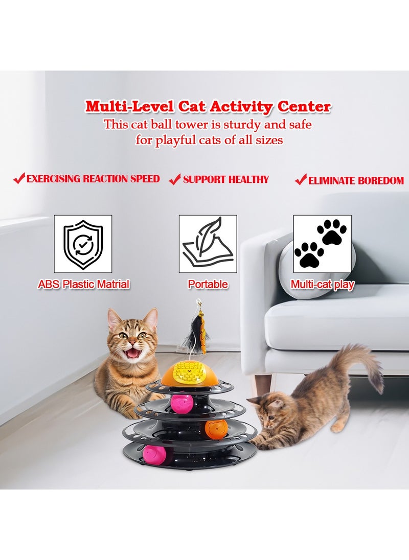 MAJIBAO - Cat track toy with a Four-layer track toy, Built-in Playing Balls, Feather teaser with bells and Self-grooming brush, 29 cm Interactive track tower for Indoor cats, Detachable & easy to setup (Black) - Image 1