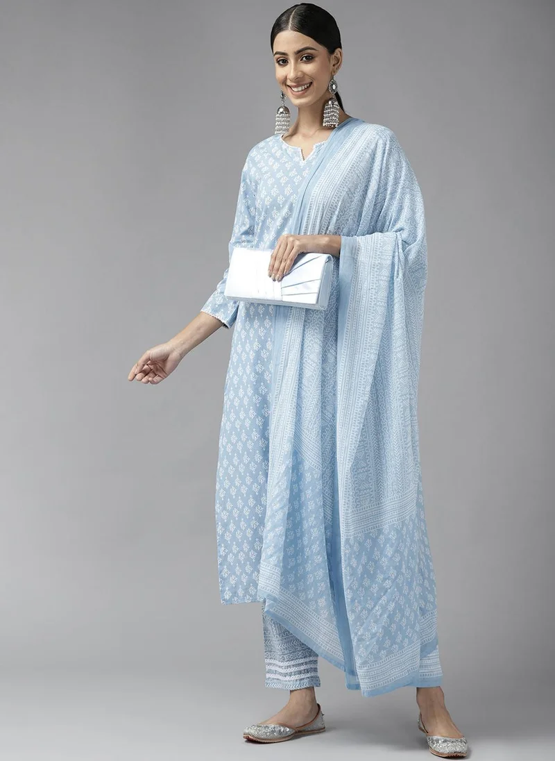 ZERESOUQ Blue Printed 3-Pc Kurta Set