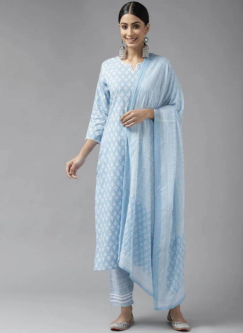 ZERESOUQ Blue Printed 3-Pc Kurta Set