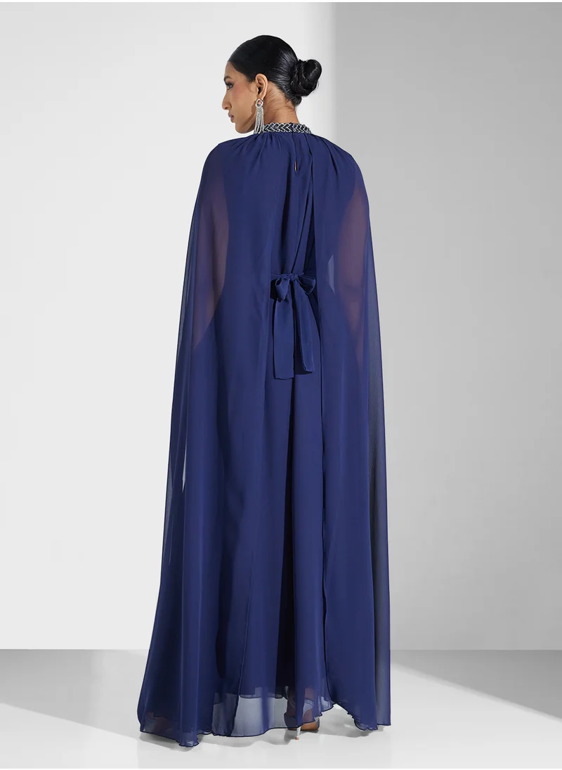 hayas closet Cape Sleeve Belted Ruched Dress