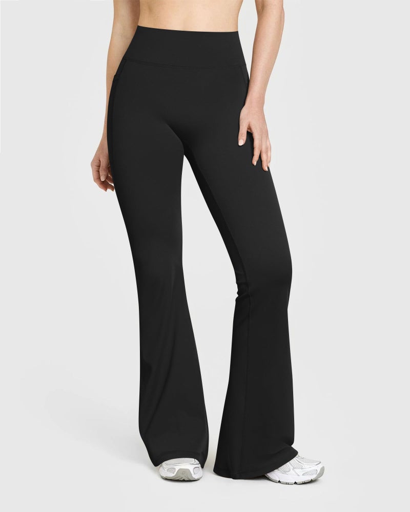OQQ Yoga Pants Women High Waist Butt Lifting Casual Soft Leg Flared Bottoms with Pockets Black - Image 2